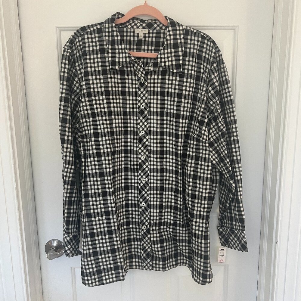 NWT Black & white plaid with silver detailing Talbots button up 3X